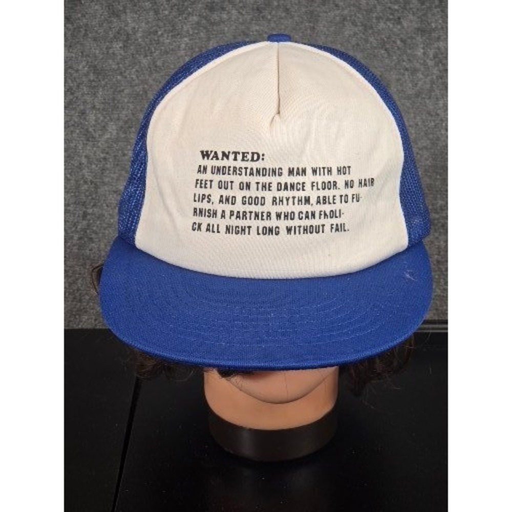 Vintage Fincher's Findings Wanted Funny Humorous Blue White Mesh Trucker Hat 80s